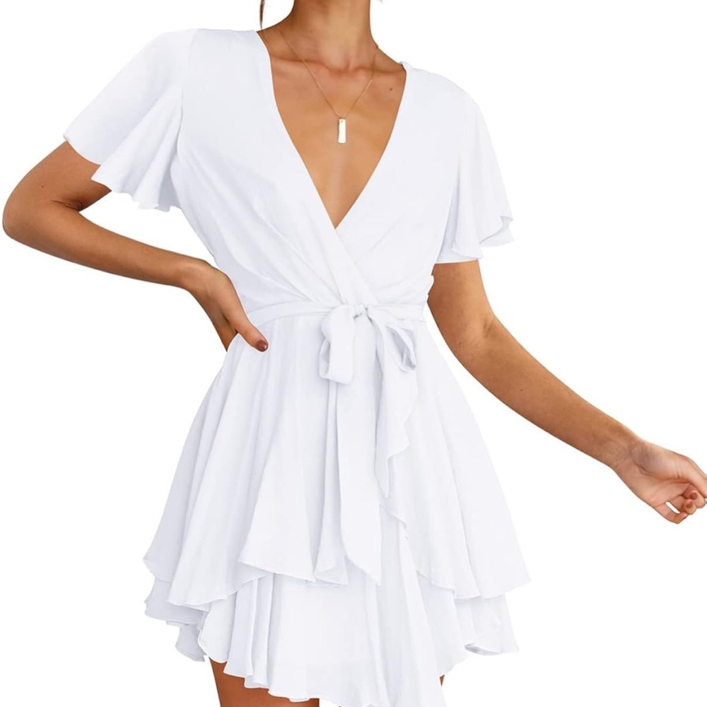 Cosonsen Women's Dress Deep V-Neck Long Sleeve Waist Tie Dress